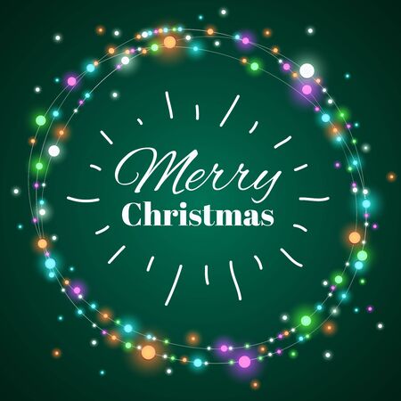 Christmas light wreath. Vector decorative lighting xmas frame for winter festival card. Christmas decoration illustration, template for greeting card to christmasのイラスト素材