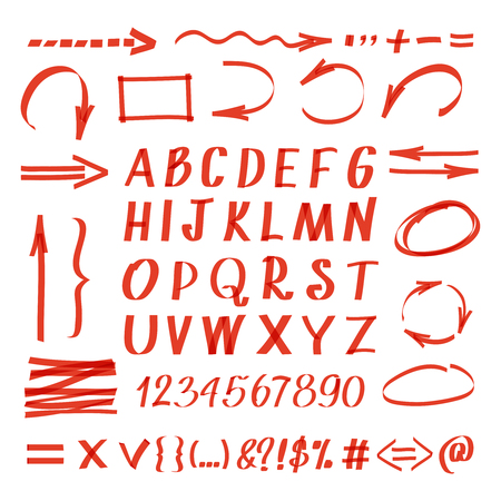 Marker hand written symbols. Vector pen line arrows and circles, letters and numbers. Handwriting marker arrow illustrationのイラスト素材