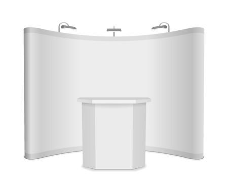 Blank exhibition stand with banner and table on white background. Template mockup for press conference. Vector illustrationのイラスト素材