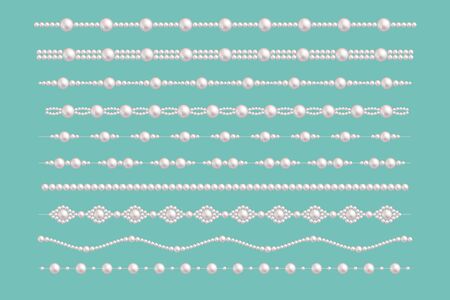 Pearl glamour borders. bride pearls vintage accessories necklace patterns isolated on green. Elegant luxury decoration feminine with pearl bead illustrationのイラスト素材