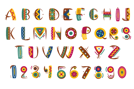 Primitive mexican font. Tribal indian or african letter numbers vector illustration. Ethnic abc tribal and numberのイラスト素材
