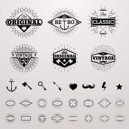 Vintage lines insignia set with star burst. Vector hipster printing bursting retroのイラスト素材