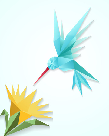 Origami hummingbird with flower. Paper 3D humming bird vector illustration. Decoration floral and fly birdのイラスト素材