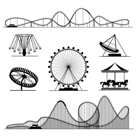 Amusement ride or luna park roller coasters entertainment vector set. Rollercoaster and swing, whirligig and ferris illustrationのイラスト素材