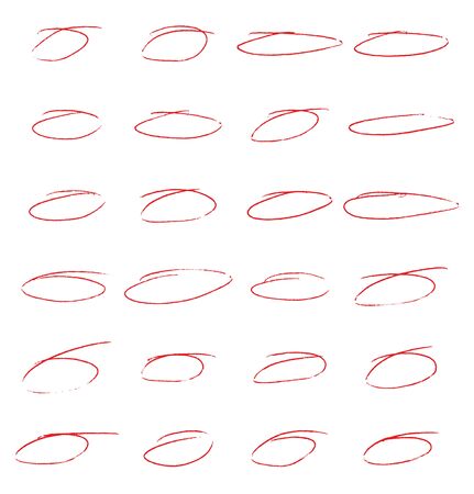 Red vector hand drawn ink pen circles. Drawing highlight doodles circle set. Thin circle drawing ballpoint pen illustrationのイラスト素材