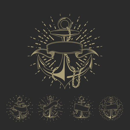 Anchor maritime sailor tattoo set or vintage nautical   collection. Marine anchor sketch with ribbon illustrationのイラスト素材