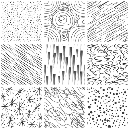 Abstract seamless texture patterns. Simple lined and splatter paint splashes black drop vector pattern set. Seamless background with stroke marker illustrationのイラスト素材