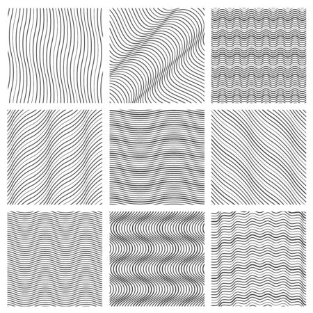 Geometric wavy pattern set. Curved lines streep vector simple wave backgrounds. Monochrome decoration wavy background. Vector illustrationのイラスト素材