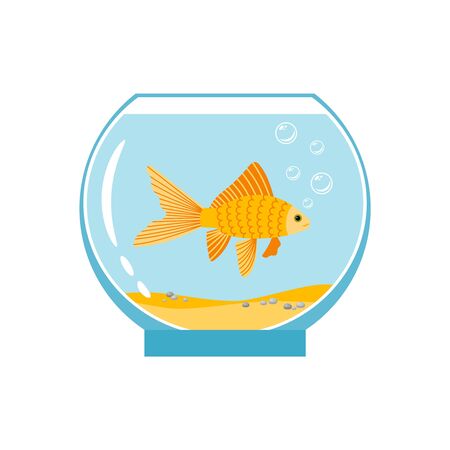Gold fish in small bowl isolated on white background. Orange goldfish in water aquarium vector illustrationのイラスト素材