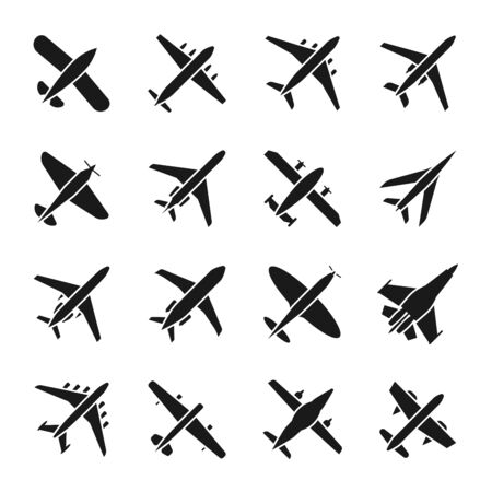 Plane vector icons. Fly and jet symbols. Airplane aviation silhouette signs isolated on white backgroundのイラスト素材