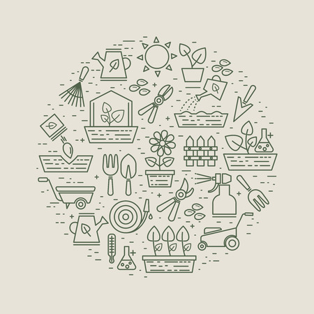 Garden and gardener linear label with flowers plants, tools seedsのイラスト素材