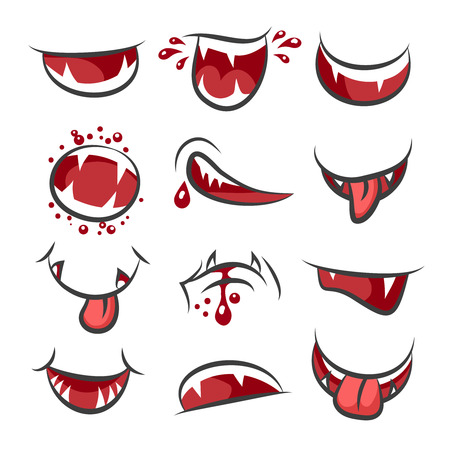 Cartoon monster mouth set isolated on white background. Mouths facial expressions for smile and sad vector illustrationのイラスト素材