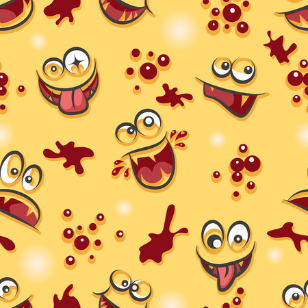 Cartoon emoticons vector seamless pattern. Happy funny smile expressions on yellow backgroundのイラスト素材
