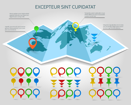 World map vector 3d paper with pins illustrationのイラスト素材