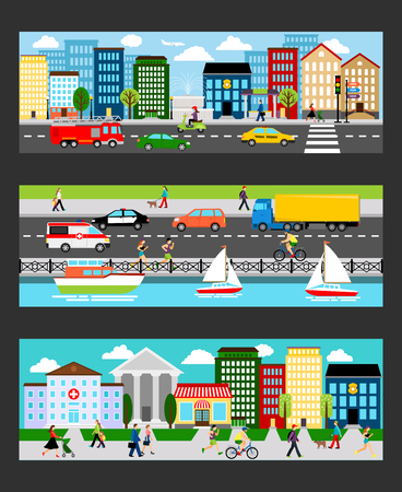 Modern cityscape set in industrial megapolis banners vector illustrationのイラスト素材