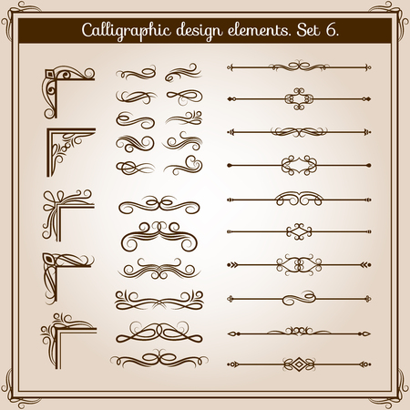 Vintage linear ornate decorative elements. Retro flourish line dividers, corners and swirls for page decorationのイラスト素材