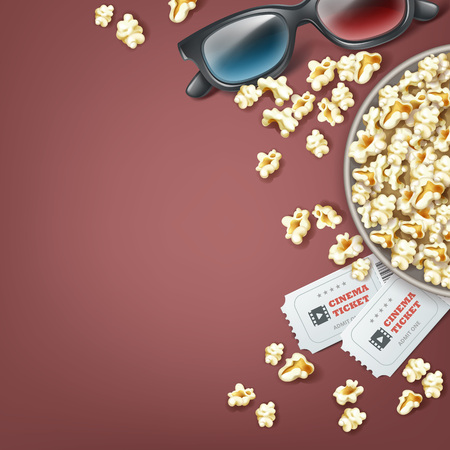 Vector bucket of popcorn with 3d glasses and two cinema tickets close up top view isolated on gray backgroundのイラスト素材