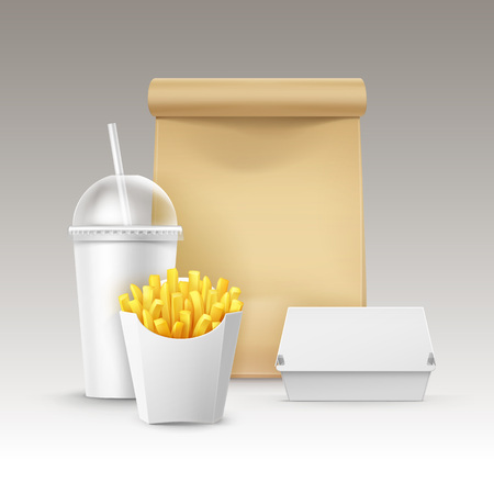 Vector Fast Food Set of Realistic Carton Hamburger Classic Burger Container Potatoes French Fries in White Package Box Blank Cardboard Cup for Drinks with Straw Craft Paper Take Away Handle Lunch Bag.のイラスト素材