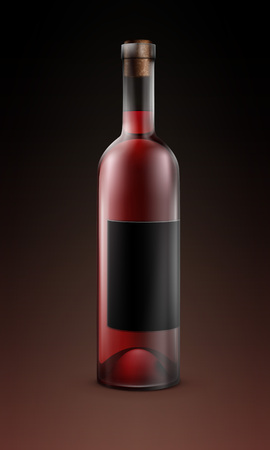 Vector transparent glass bottle of red wine with black label isolated on dark backgroundのイラスト素材