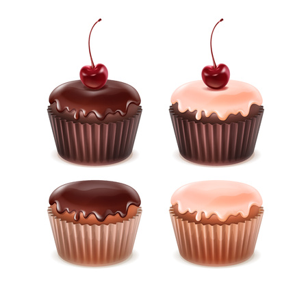 Vector Set of different muffins with pink,brown icing and cherries close up isolated on white backgroundのイラスト素材