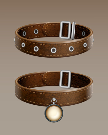 Realistic vector brown leather dog collar for pets isolated on gradient backgroundのイラスト素材