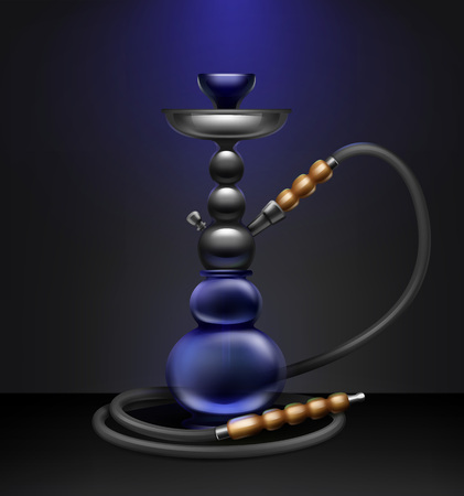 Vector big nargile for tobacco smoking made of metal and blue glass with long hookah hose isolated on dark backgroundのイラスト素材