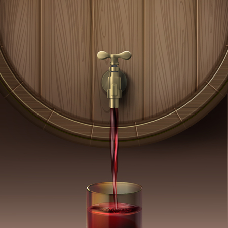 Vector illustration of concept pouring red wine out wooden barrel in glassful, isolated on brown backgroundのイラスト素材