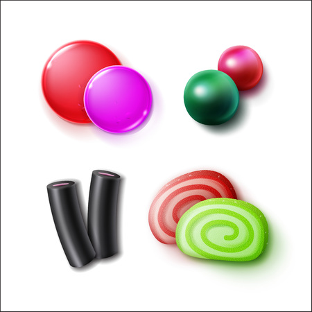 Vector set of different pink, green, red, black sweets, candies, bonbons and marmalades close up top view isolated on white backgroundのイラスト素材