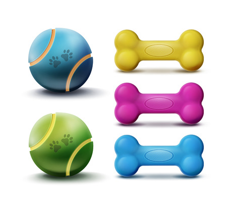 Vector pet toys with balls and rubber colorful bones isolated on white backgroundのイラスト素材