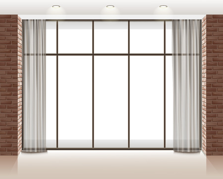 Vector illustration of big window inside empty loft room with bricks wallのイラスト素材