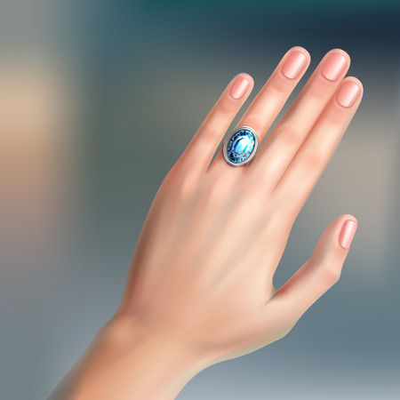 Vector human hand with silver brilliant ring on finger isolated on backgroundのイラスト素材