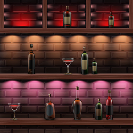 Vector brown wooden shelves with red, orange, pink backlights and glass bottles of alcohol isolated on dark brick wallのイラスト素材