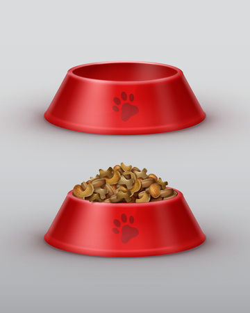 Vector red pets bowls for dry food and water isolated on gray backgroundのイラスト素材