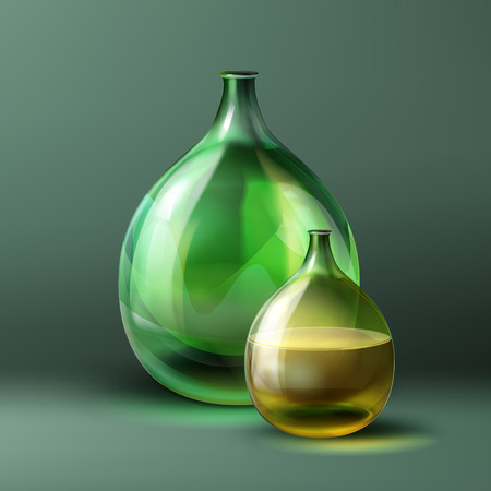 Vector round bottle of green color and vintage style isolated on dark green backgroundのイラスト素材