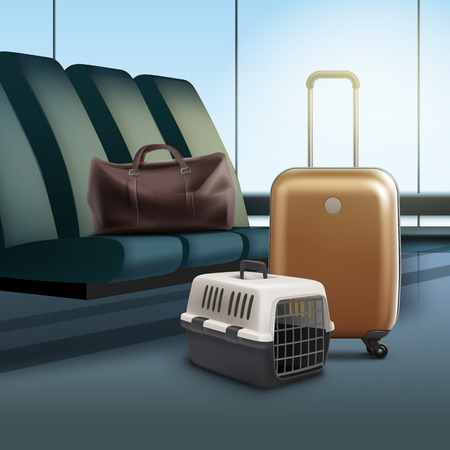 Vector illustration of travel with pet. Plastic carrier and luggage in airportのイラスト素材