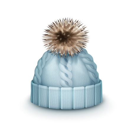 Vector blue winter knitted cap with pom-pom side view isolated on white backgroundのイラスト素材