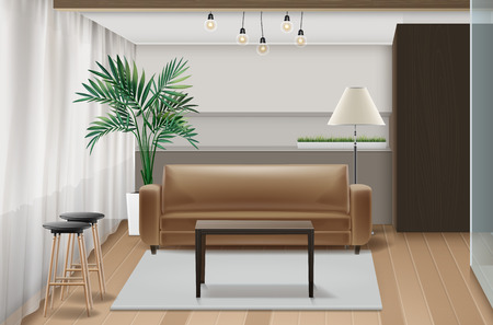 Vector illustration of interior design with furniture in eco-minimalist styleのイラスト素材