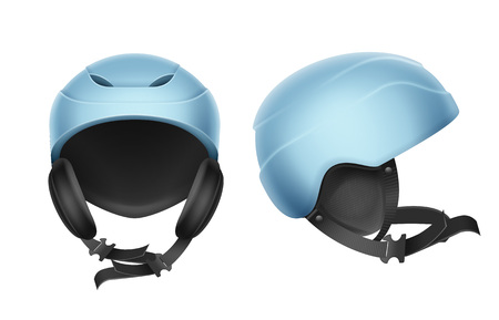 Vector blue protective helmet for skiing, snowboarding and other winter sports front, side view isolated on white backgroundのイラスト素材