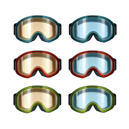 Vector set of colored blue, orange ski snowboard goggles front view isolated on white backgroundのイラスト素材