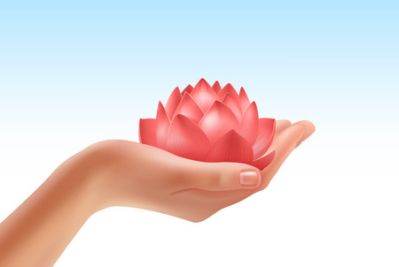 Vector illustration of human hand keeping beautiful flower, isolated on backgroundのイラスト素材