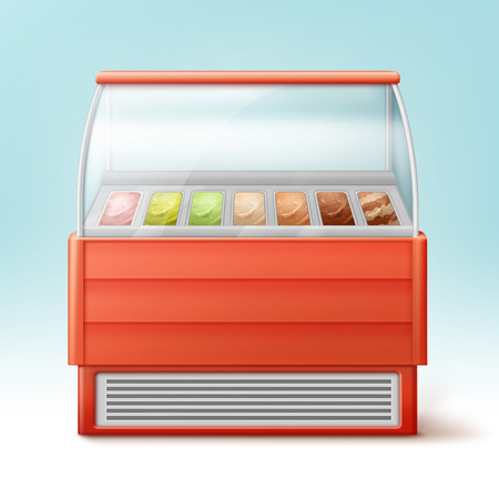 Vector red fridge for ice cream with variety of flavors isolated on light blue backgroundのイラスト素材