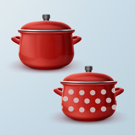 Vector red enamel saucepan with white dot and without.のイラスト素材