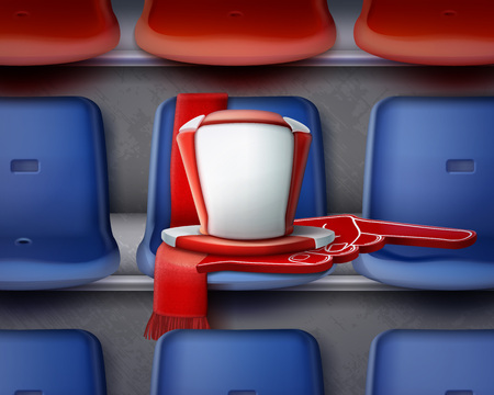 Vector illustration of row blue and red plastic chairs on the grandstand with attributes of fanのイラスト素材