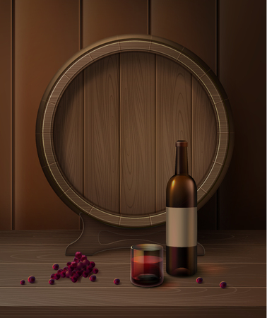 Barrel on stand with bottle of wine, glassful of red wine and grapes isolated on backgroundのイラスト素材