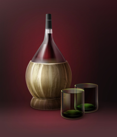 Vector fiasco bottles of wine and two glassfuls isolated on dark red backgroundのイラスト素材