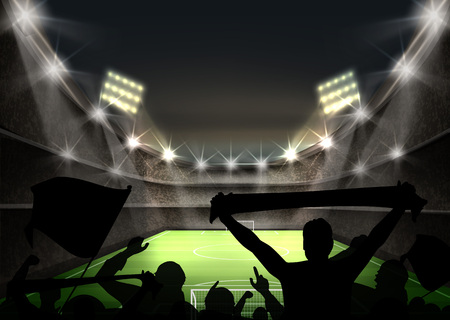 Vector illustration of stadium with bright spotlight illuminates green football field and fans silhouettesのイラスト素材
