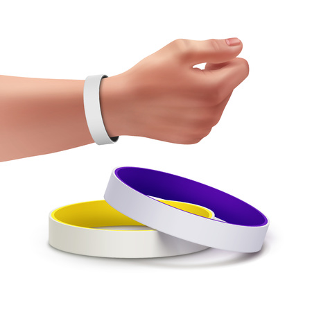 Vector colorful blank rubber bracelets and bracelet on the hand. Isolated on white backgroundのイラスト素材