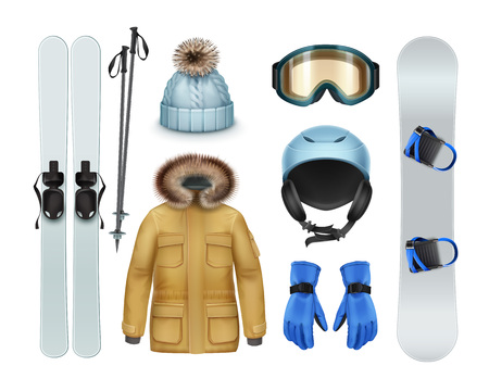 Winter sports stuff and apparel: brown coat with fur hood, pants, gloves, knitted cap, goggles, helmet, ski, sticks, snowboard front view isolated on white backgroundのイラスト素材