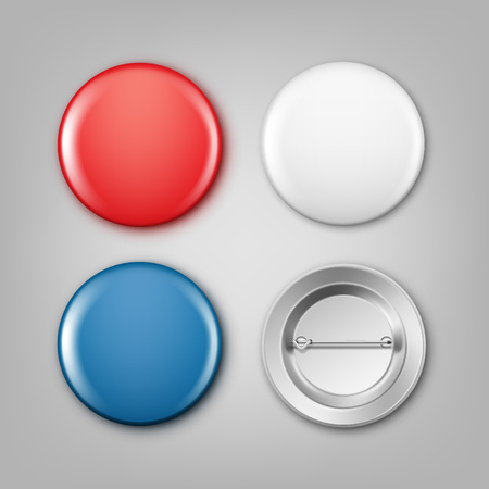 Vector realistic illustration of blank white, blue and red badges. Isolated on gray bkgroundのイラスト素材