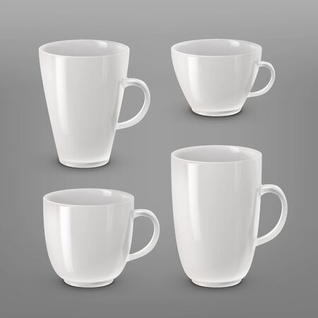 A Vector illustration of collection of various white cups and mugs for coffee or tea isolated on white backgroundのイラスト素材